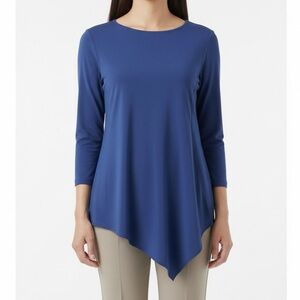 Chico’s Ultimate Tee Tunic Top Asymmetrical Blue Jersey Knit S Round Neck